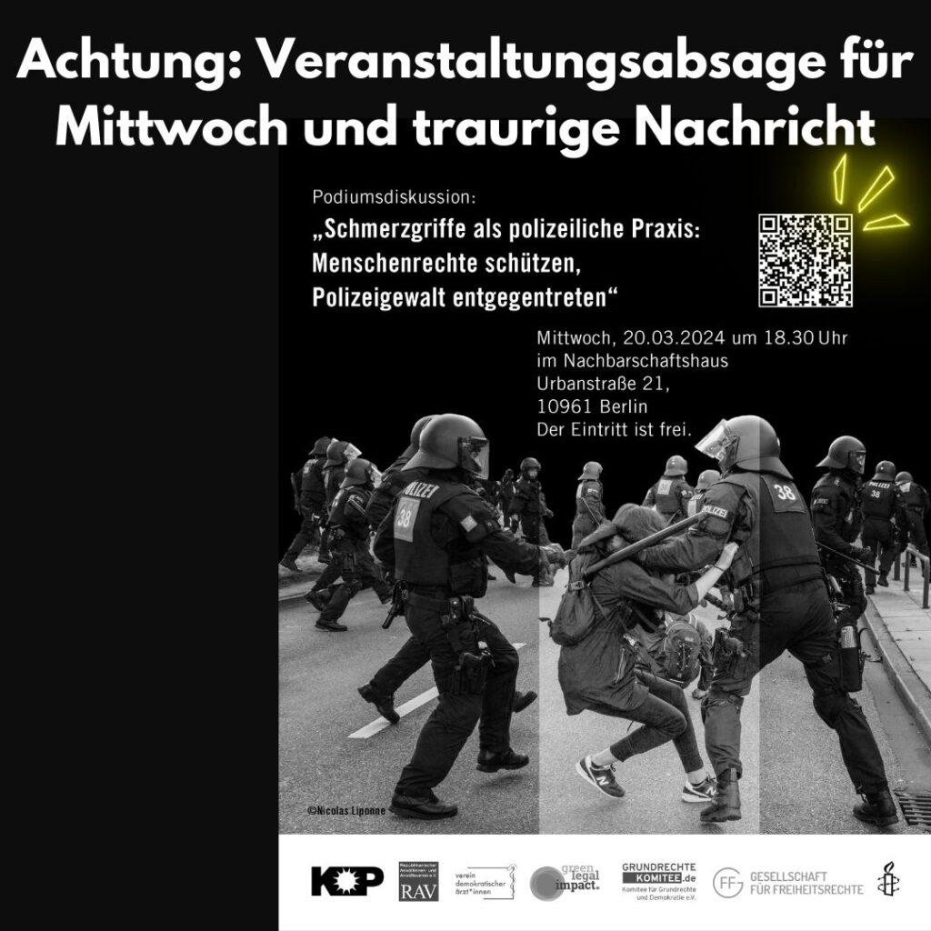 Kurz­fris­tig abge­sagt! Podi­ums­dis­kus­si­on: Schmerz­grif­fe als poli­zei­li­che Pra­xis